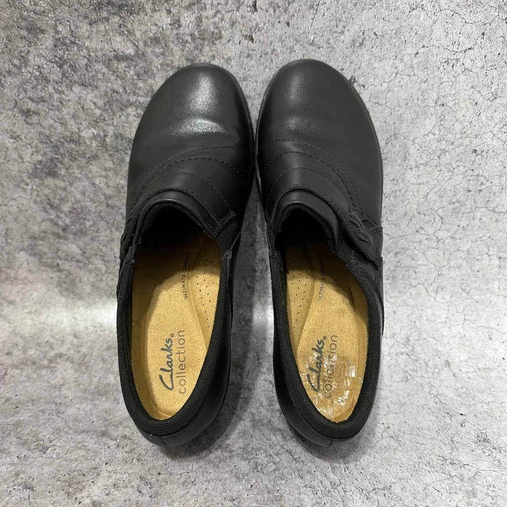 Clarks Angie Pearl Womens 8.5 Black Leather Slip On Loafers Low Block Heel